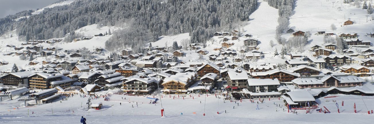 Les Gets Village under snow from hill