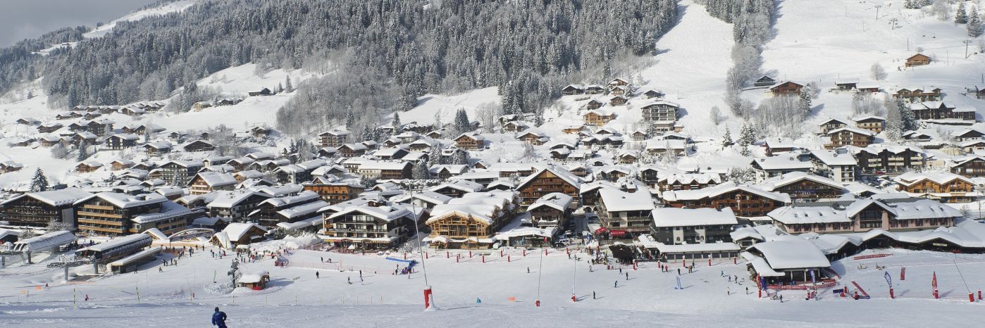 Les Gets Village under snow from hill